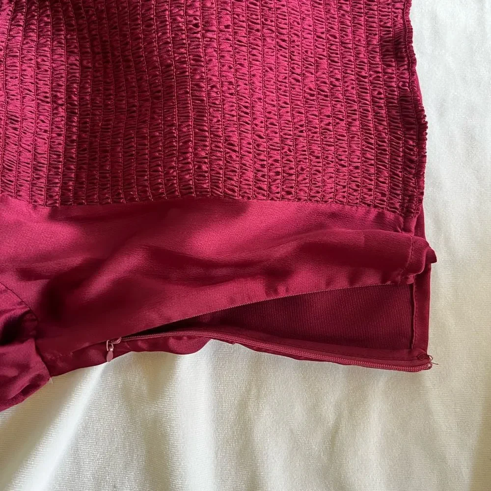 ASTR The Label Penny Satin Corset Top Wine Burgundy Ruched Puff Sleeve small